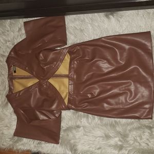 Chocolate faux leather cut out trumpet mini dress - Size 10